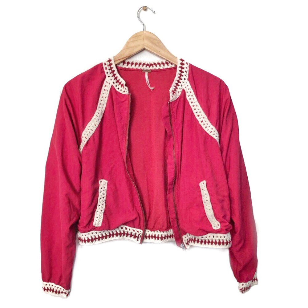 Free People Cherry Red Crochet Bomber Jacket